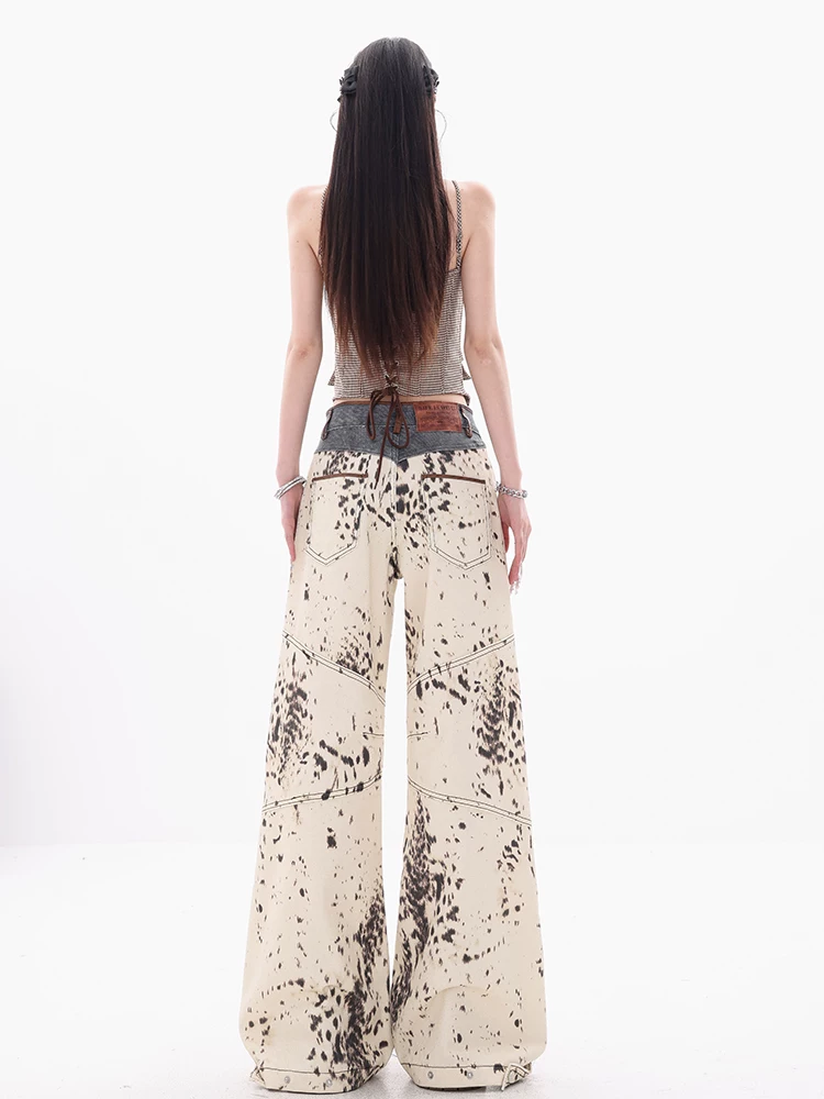[Lễ hội quần áo] Quần denim in họa tiết da báo kiểu Mỹ nguyên bản của ABWEAR, cạp cao, dáng rộng, in họa tiết