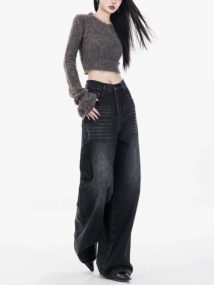 Quần jean màu xám cổ điển của Mỹ ABWEAR dành cho nữ 2023 quần ống rộng dáng rộng lưng cao mới