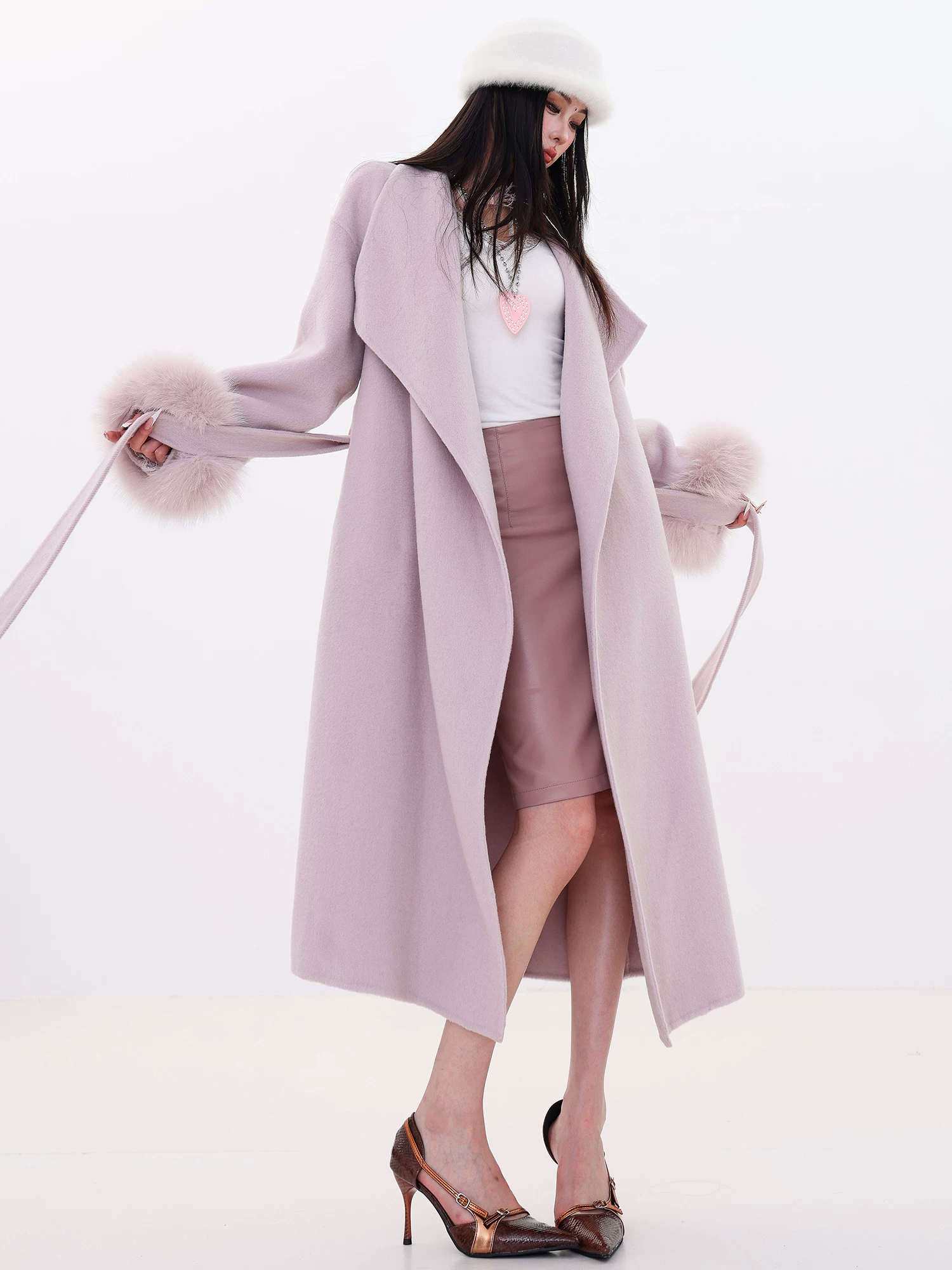 Áo khoác len cashmere lông cáo thật hai lớp ABWLR Winter Love Song - kiểu dáng dài, có ve áo, thắt lưng eo cho nữ