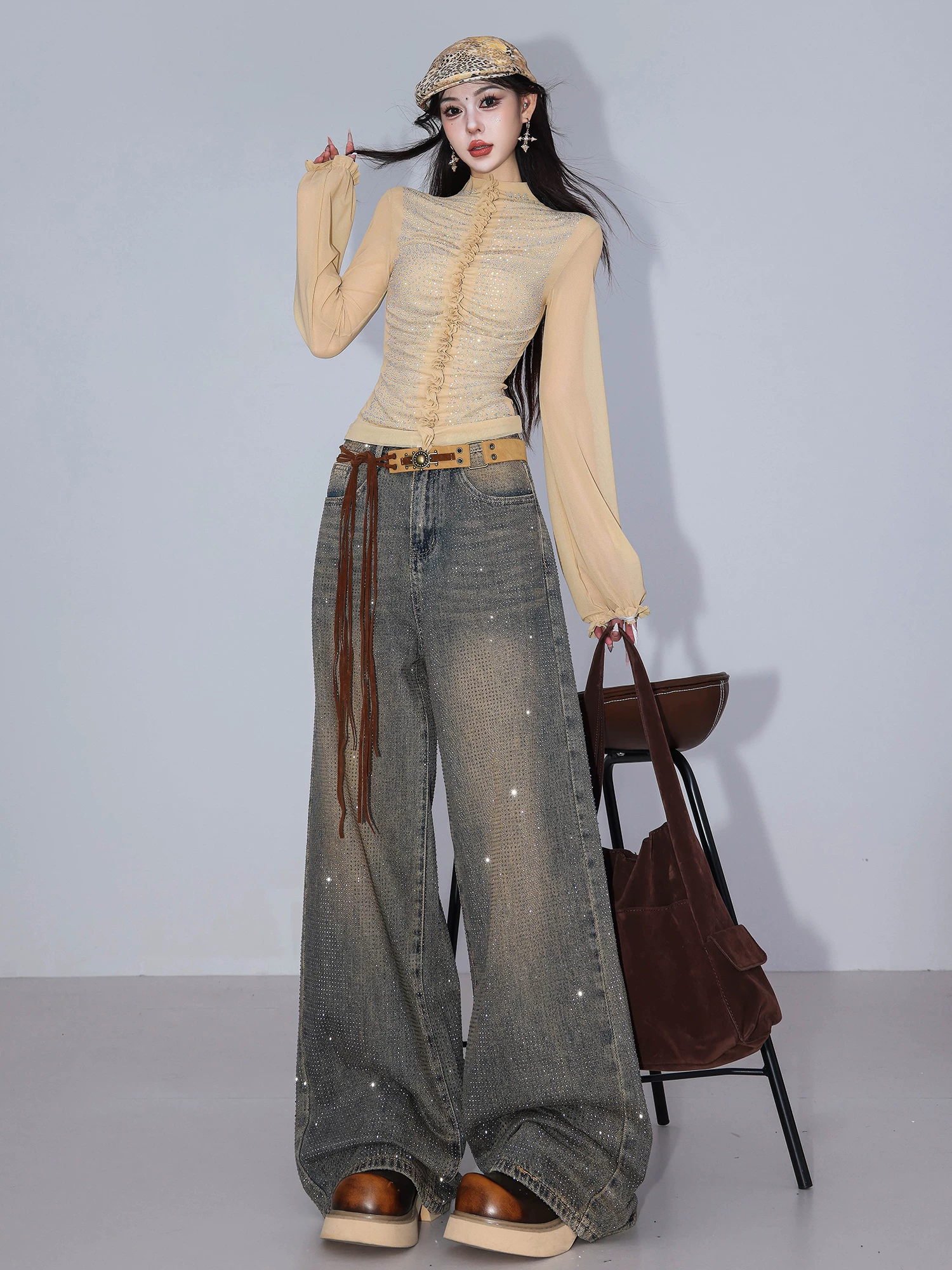 ABWLR Golden Age - Quần jean đính đá cổ điển nguyên bản dành cho nữ, quần ống rộng dài đến sàn mùa thu mới