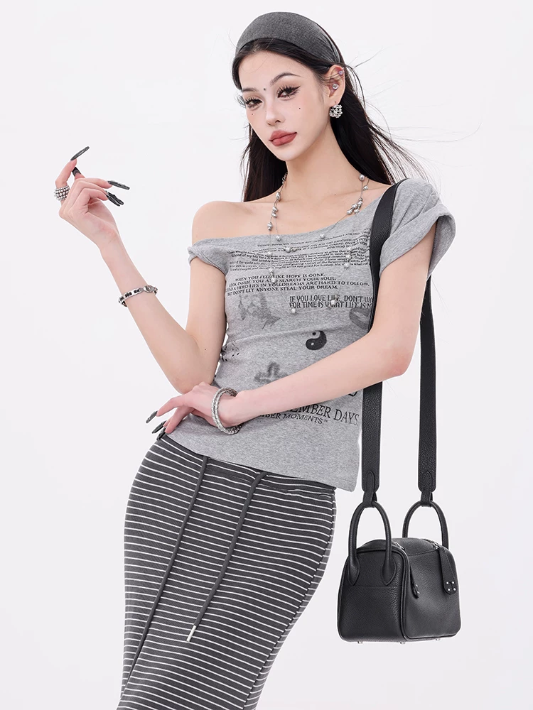 ABWEAR Art Weekly - Áo thun ngắn tay lệch vai cổ điển kiểu Mỹ nguyên bản dành cho nữ, áo không tay ôm vừa vặn