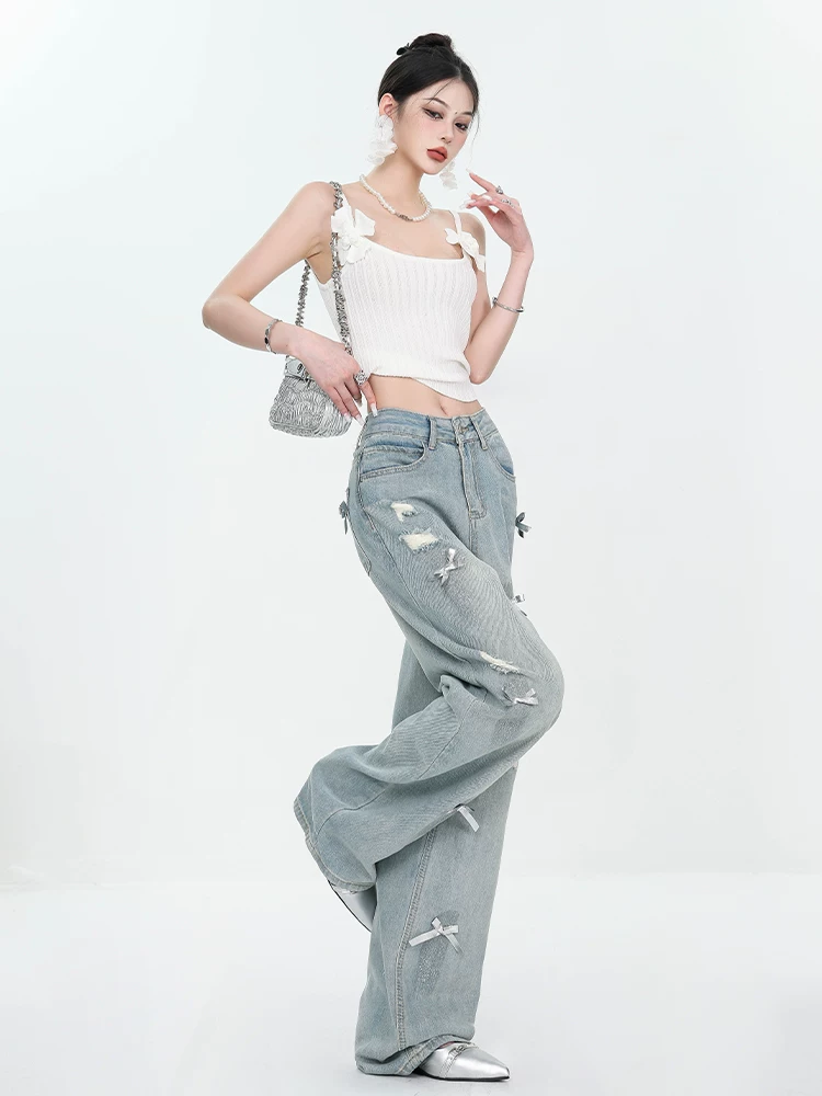 Quần jean ống rộng kiểu dáng vintage màu sắc cổ điển, thiết kế nơ mùa hè mới của ABWEAR dành cho nữ, mỏng và tôn dáng.