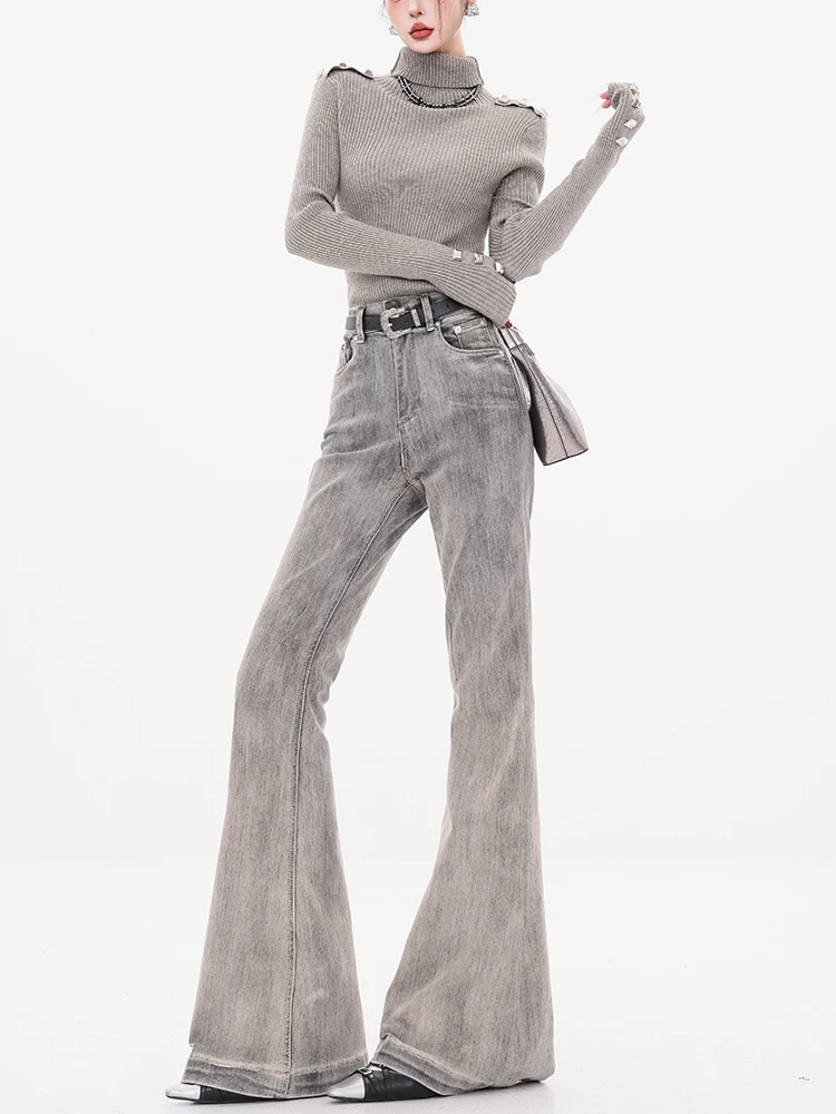 Quần jeans xòe màu xám lót lông cừu ABWEAR Daytime Fantasy dành cho nữ, thu đông 2025, cạp cao, dáng ôm, kiểu chuông