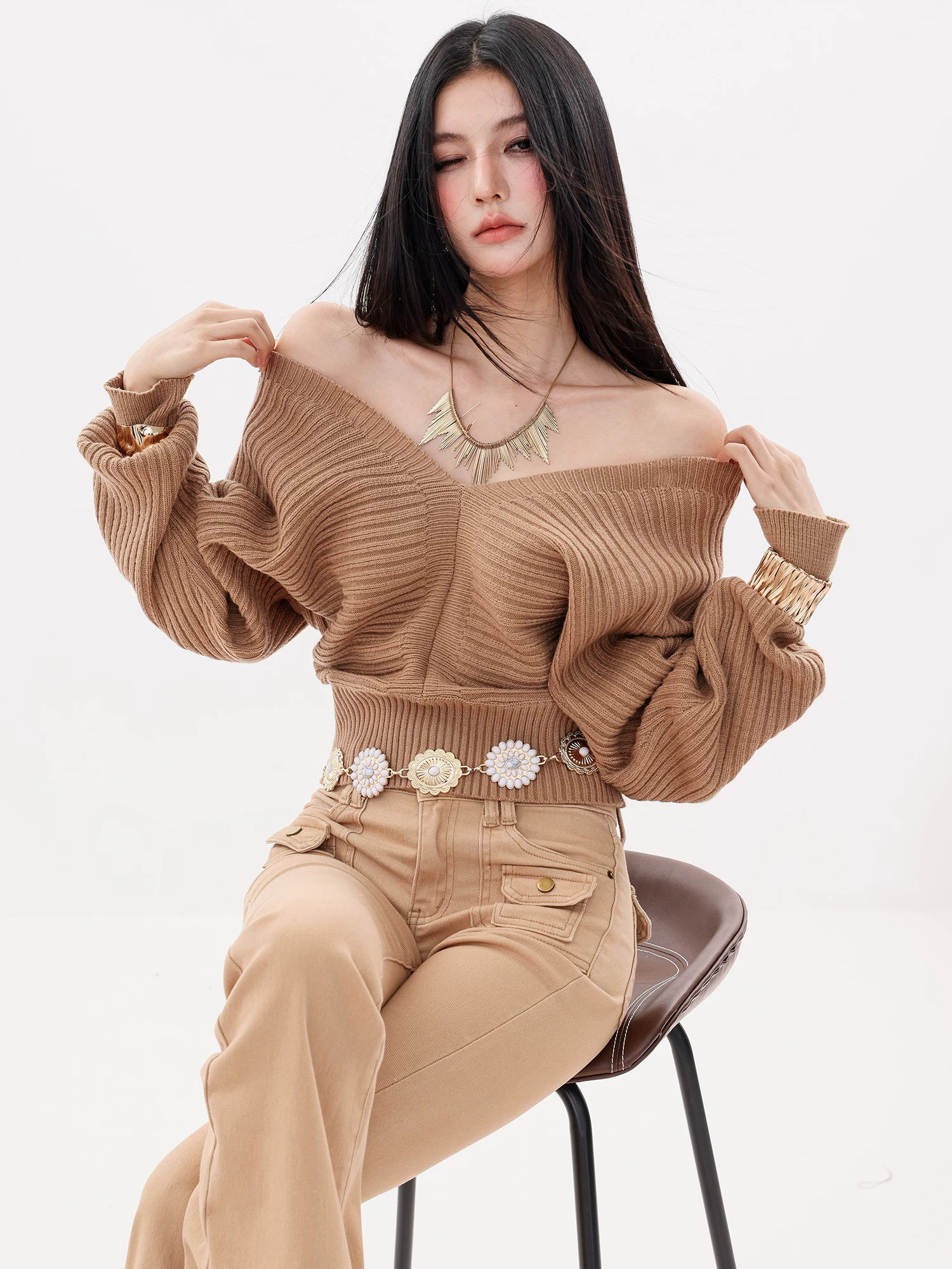 ABWLR Cinderella - Áo len dệt kim dài tay cổ chữ V phong cách lười biếng nguyên bản dành cho nữ, Áo thời trang ôm eo thu đông mới