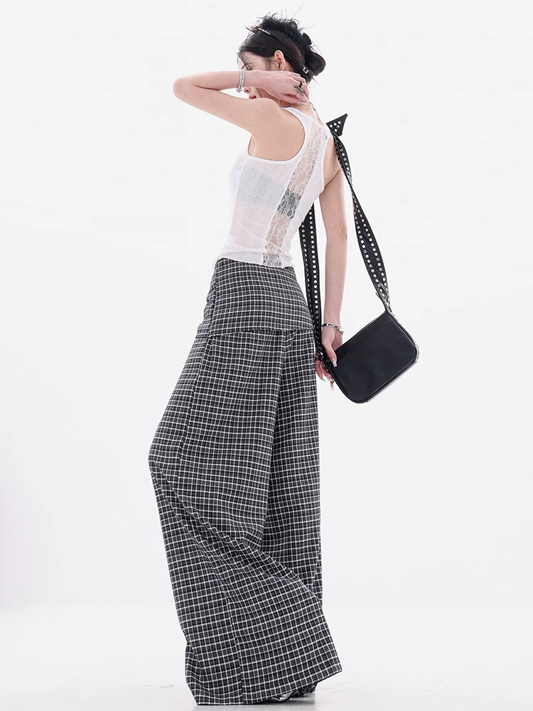 ABWEAR Ngược chiều của phong cách Anh - Thiết kế cà vạt không đều có kẻ sọc đen trắng nguyên bản Quần kẻ sọc Quần kẻ sọc ống rộng dành cho nữ
