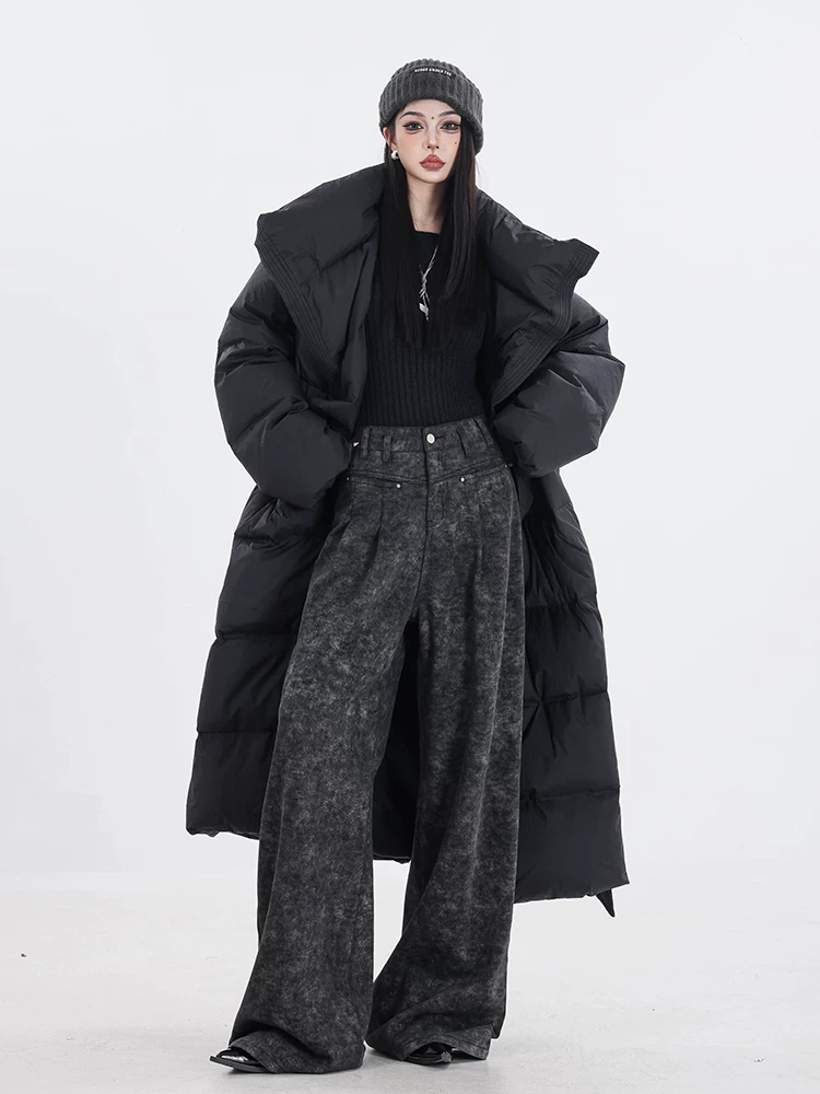 ABWEAR Snow Walk - Áo khoác lông vũ dài vừa phải màu đen mùa đông nguyên bản dành cho nữ với lông vịt trắng và cổ đứng, dài quá đầu gối