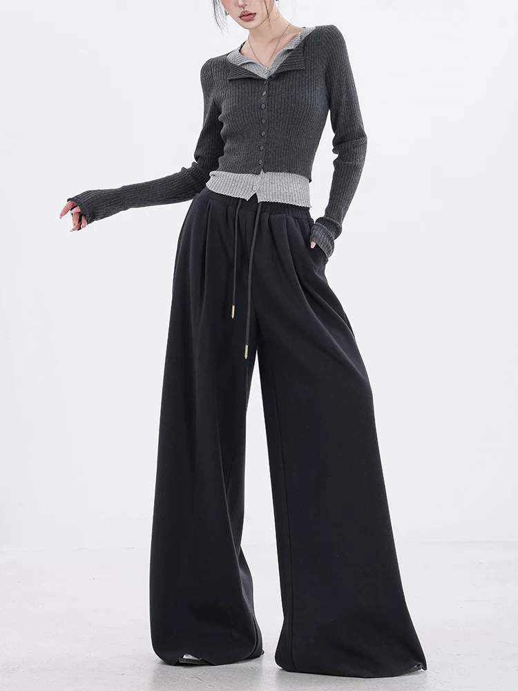 ABWEAR Comfort Guide - Quần ống rộng dày lót lông cừu màu xám nguyên bản dành cho nữ 2023 Phong cách mới dáng rộng ống thẳng