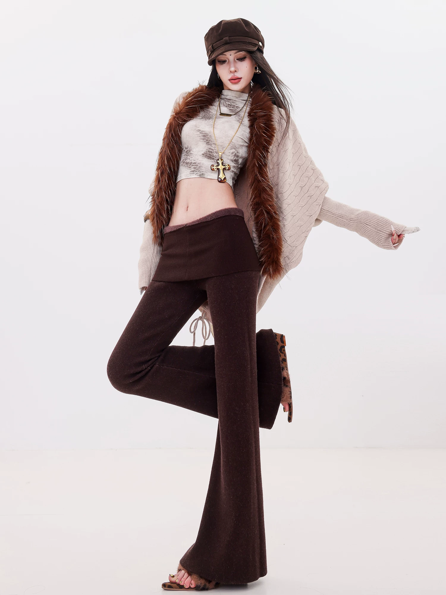 ABWLR Relaxed Fit - Quần ống loe dày lót lông cừu kiểu Melard nguyên bản dành cho nữ, quần ống loe cạp cao ôm dáng mùa thu đông