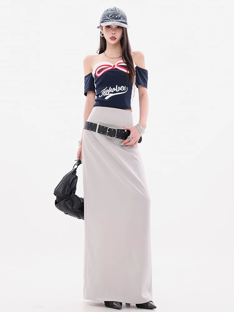 ABWEAR Modern Night - Váy xếp nếp màu xám nguyên bản dành cho nữ, Váy dài dáng rộng mùa thu mới có thắt lưng
