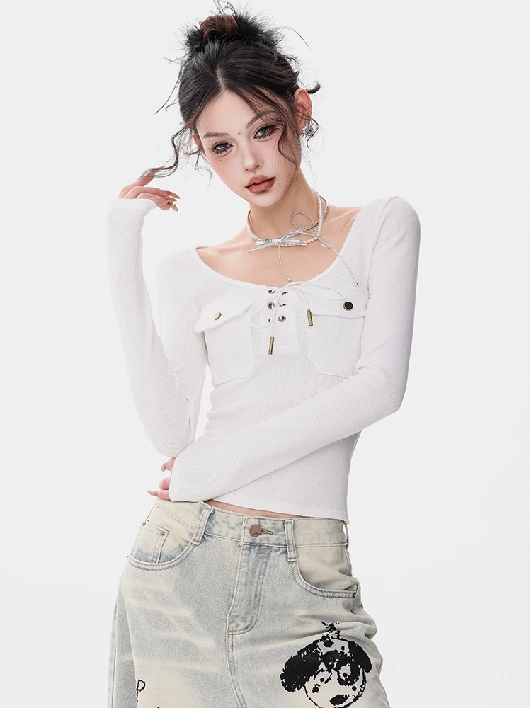 ABWEAR Tiếng bí mật của người Ba Tư - Áo thun dài tay màu trắng nguyên bản dành cho nữ, thiết kế thắt lưng gợi cảm, áo lót