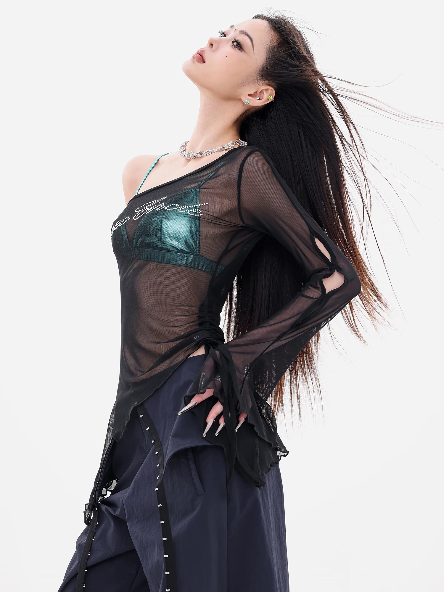 ABWEAR Flashback Millennium - Áo thun dài tay lưới xuyên thấu kiểu dáng hot girl nguyên bản Áo thun dài tay ôm vừa vặn dành cho nữ