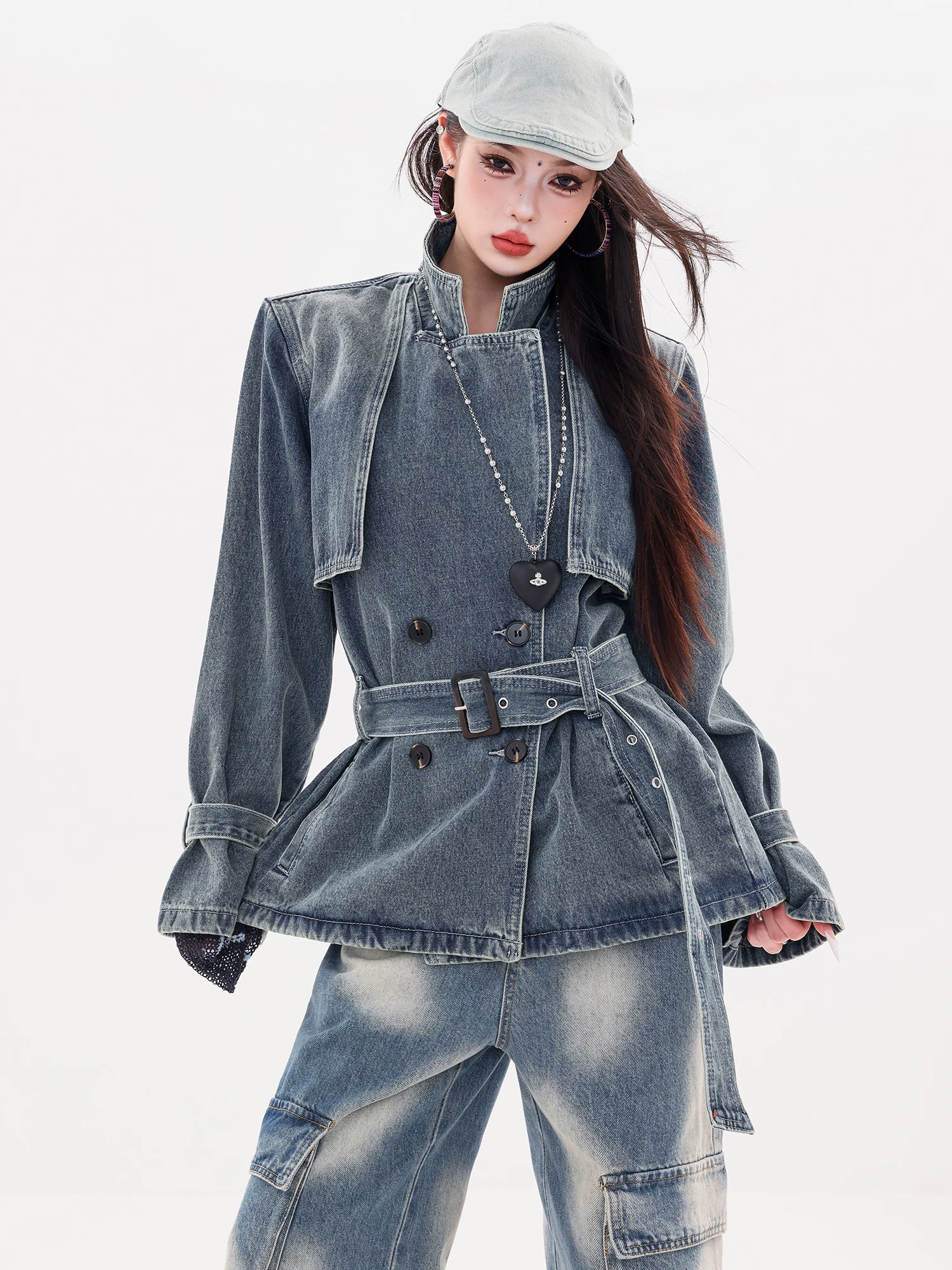 ABWLR Phong cách Anh quốc - Áo khoác denim cài khuy đôi kiểu Anh nguyên bản dành cho nữ, Áo gió thường ngày mùa thu đông mới