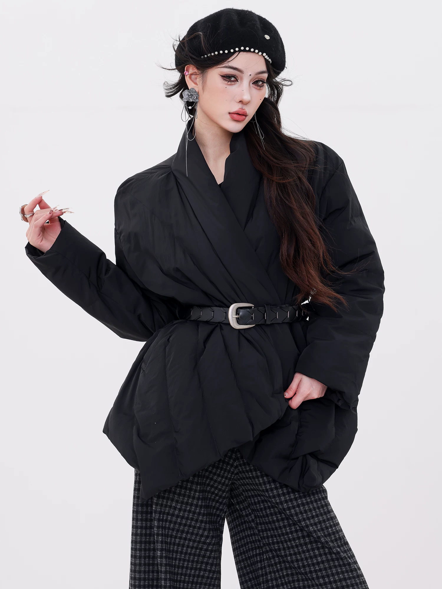 ABWLR Deep Winter Story - Áo khoác cổ đứng có dây buộc thiết kế nguyên bản dành cho nữ, Áo khoác giữ ấm mùa đông có dây buộc eo giúp giảm béo