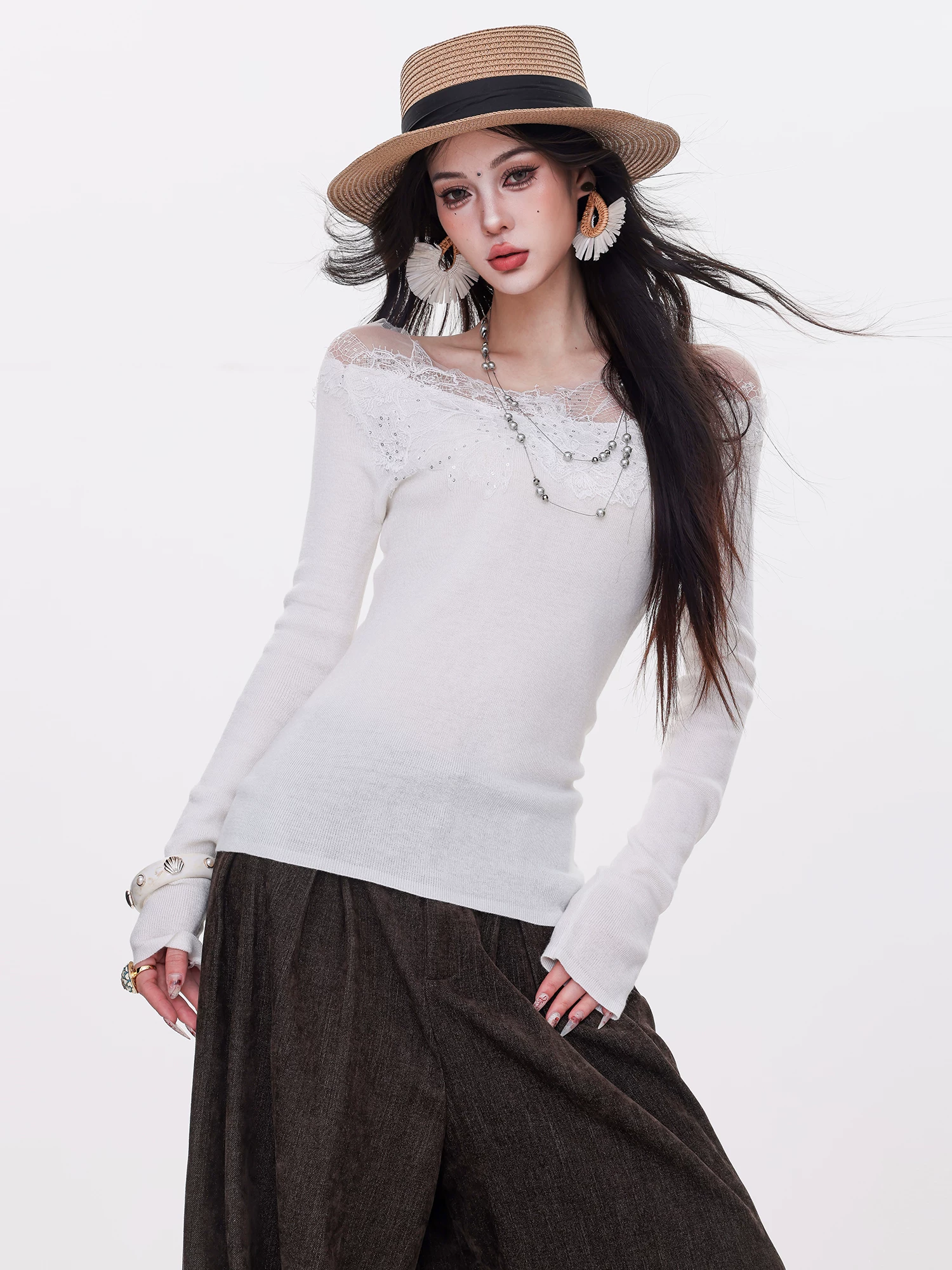 ABWLR Secret Garden - Áo thun dài tay phối ren phong cách nhẹ nhàng nguyên bản của Pháp dành cho nữ, áo ôm vừa vặn