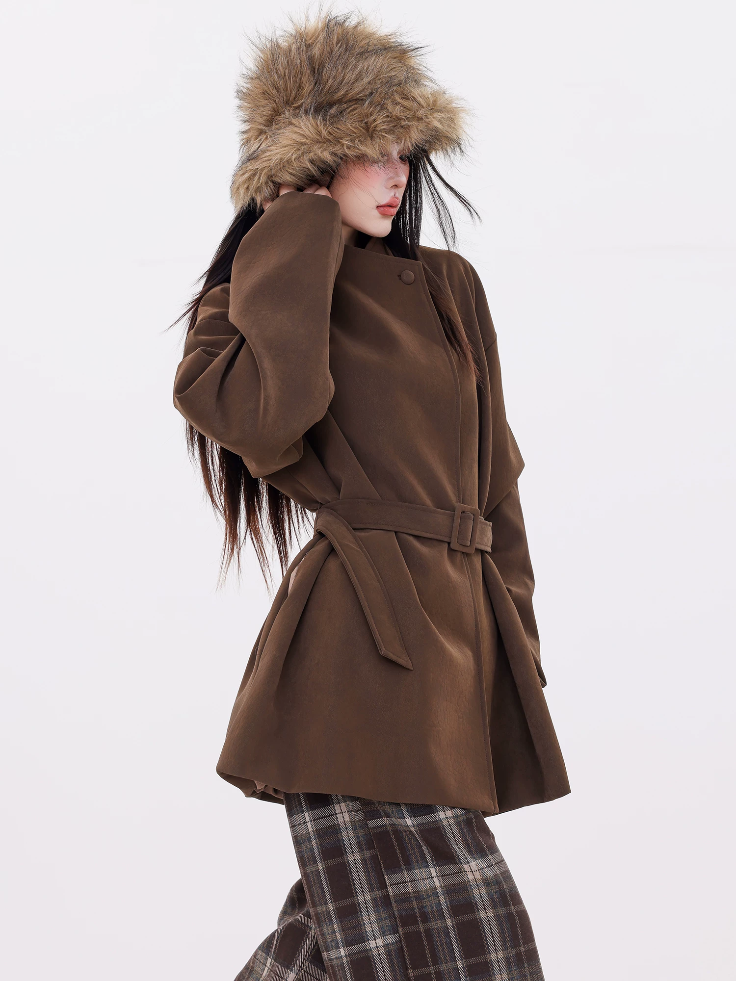 ABWLR Modern Autumn - Áo khoác da lộn cổ đứng cổ điển nguyên bản dành cho nữ, phong cách thu đông mới, áo khoác ôm eo cao cấp