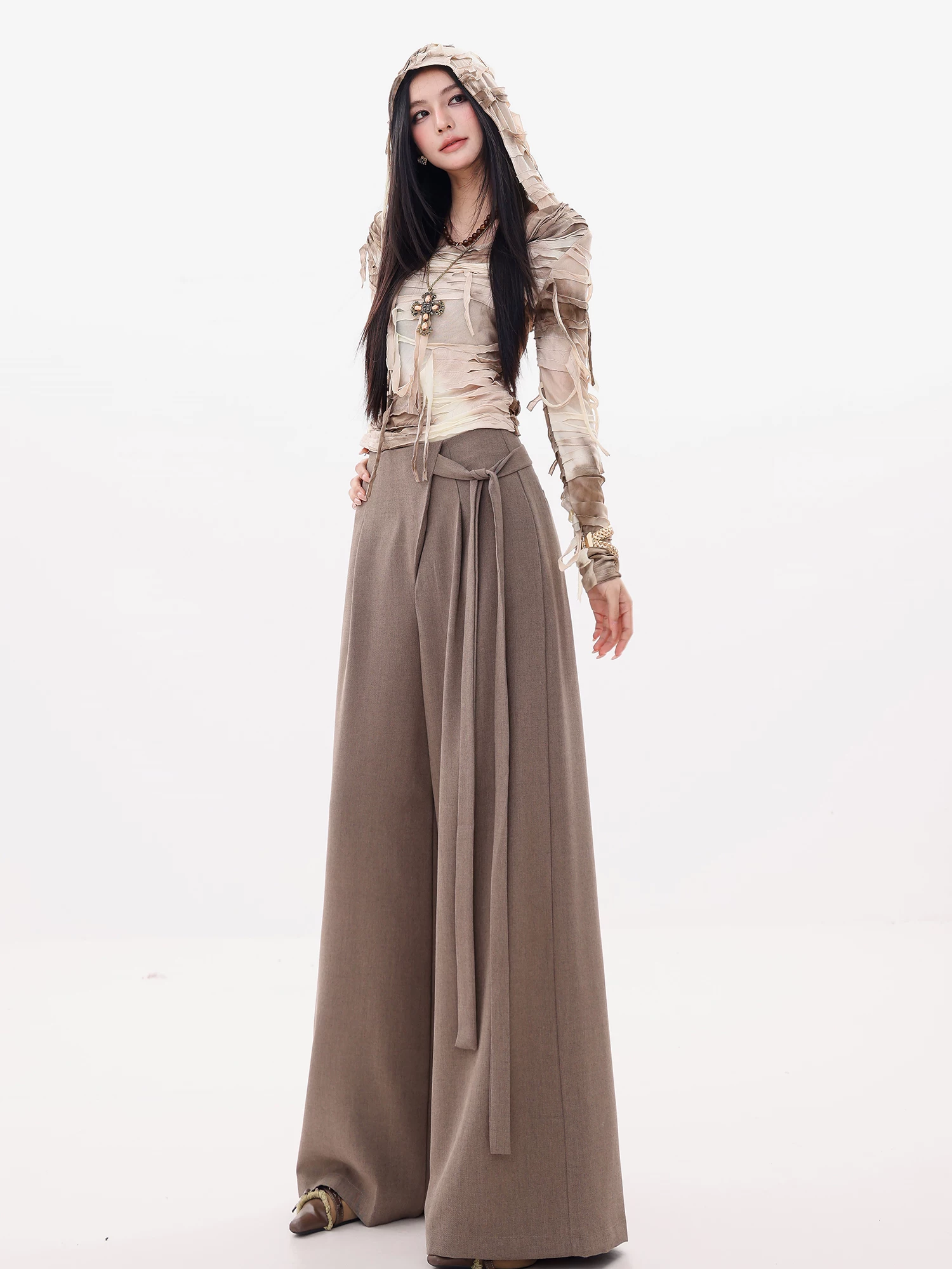ABWLR All-Around Item - Quần vest buộc dây cổ điển nguyên bản dành cho nữ, phong cách mùa thu mới, dáng rộng, quần ống rộng thẳng giúp giảm béo