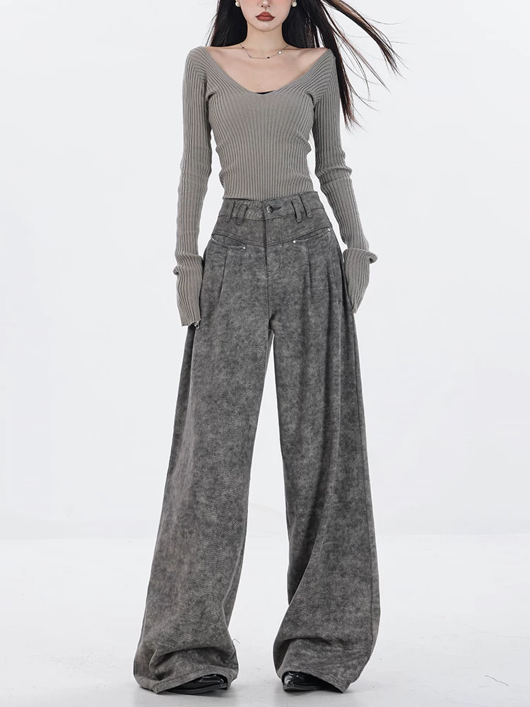 Quần jeans ống rộng lót lông màu xám mới Thu/Đông 2025 của ABWEAR dành cho nữ, kiểu dáng xuông rộng, cạp cao, phong cách thường ngày