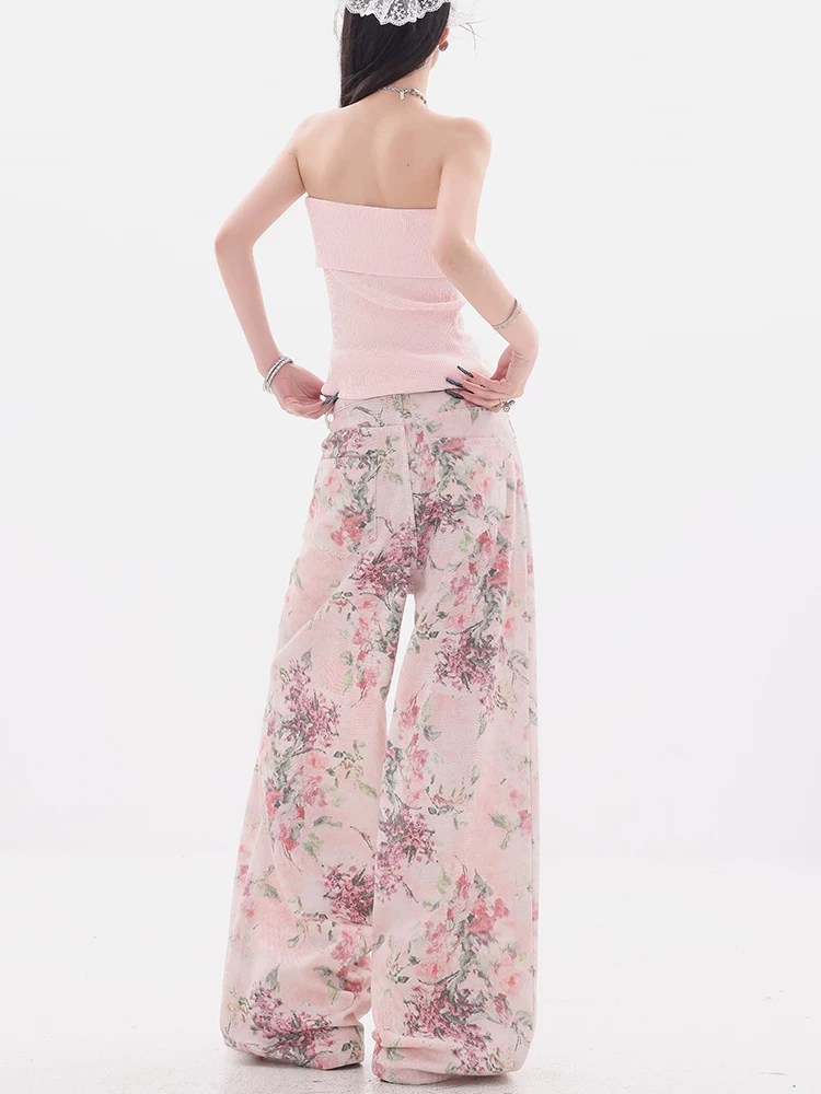 ABWEAR Rosemary Rose-Quần jean in họa tiết màu hồng nguyên bản dành cho nữ mùa hè mới Quần ống rộng thẳng thường ngày