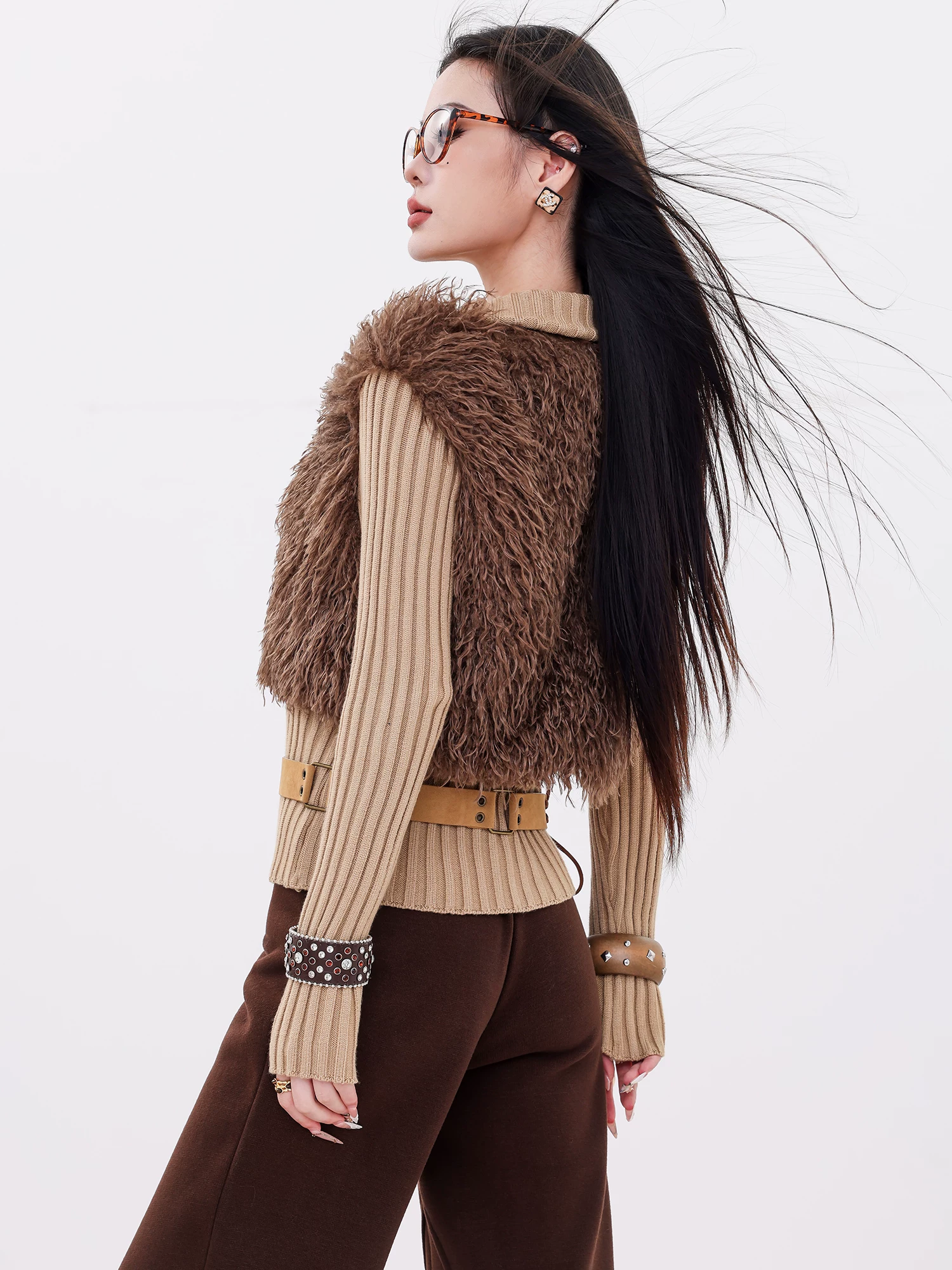 ABWLR Snow Top Mocha - Áo len dệt kim hai trong một bằng lông thú giả thân thiện với môi trường dành cho nữ, Áo khoác dài tay ôm vừa vặn cho mùa thu đông