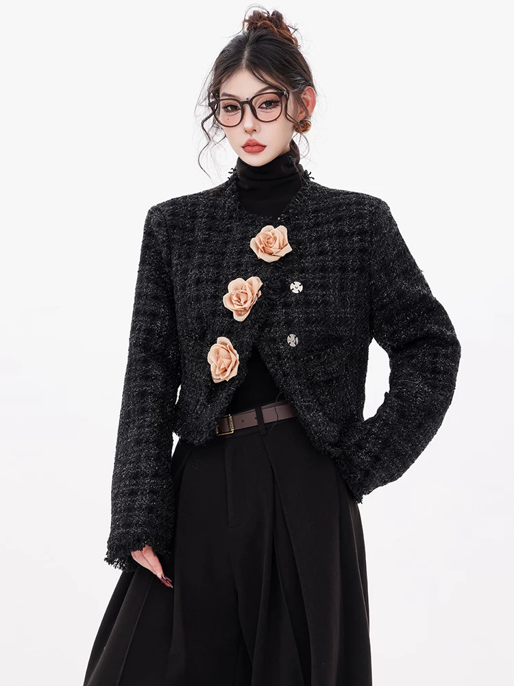 ABWEAR Fragrant Rose - Áo khoác ngắn phong cách Trung Hoa nguyên bản dành cho nữ, phong cách mới mùa thu đông, áo dài tay trang trí hoa hồng