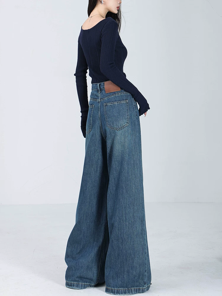 Quần jeans nữ ABWEAR 2025 kiểu Mỹ, chất liệu nỉ lót lông, màu xanh, dáng rộng, ống rộng, dài chấm đất, mùa thu đông mới