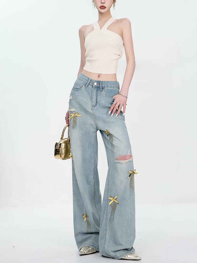 ABWEAR Quần jean ống rộng rách thiết kế nơ cổ điển kiểu Mỹ dành cho nữ, quần ống rộng dài đến sàn mùa hè
