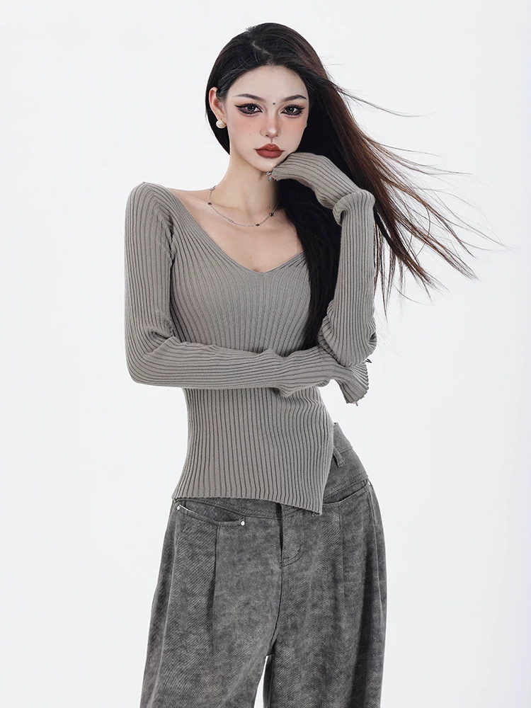 ABWAER Elegant Focus - Áo len trễ vai mùa thu nguyên bản dệt kim nữ tính