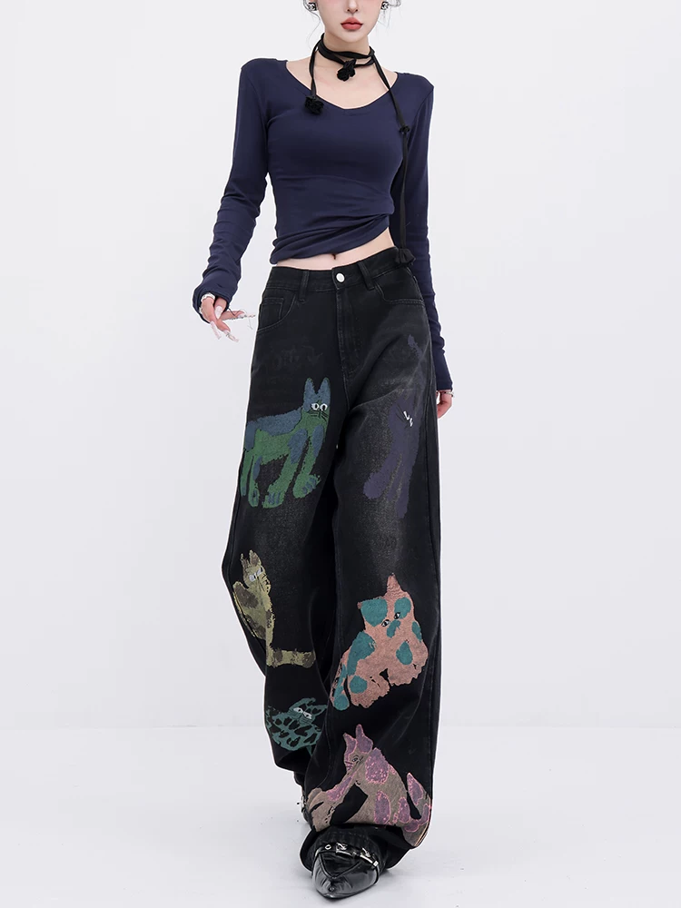 ABWEAR Quirky Player - Quần jean graffiti màu đen nguyên bản dành cho nữ Quần ống rộng họa tiết mèo hoạt hình đầu thu Quần ống thẳng