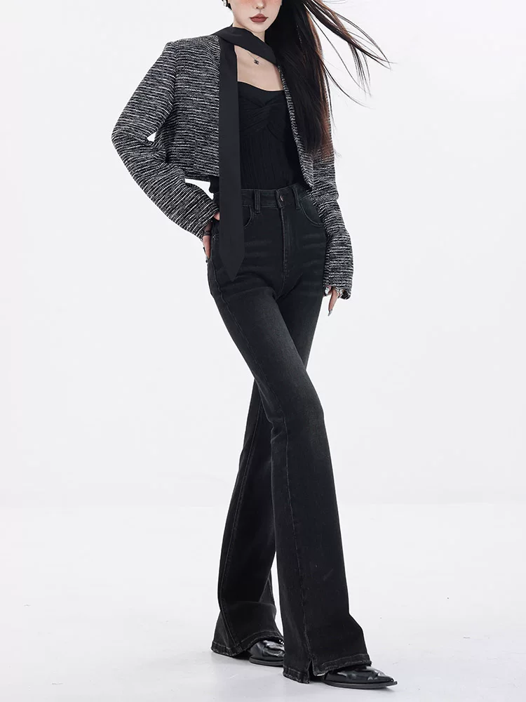 ABWEAR Những khoảnh khắc thoải mái - Quần denim đen cạp cao nguyên bản dành cho nữ, lót lông cừu, quần ống loe thon gọn, quần ống loe