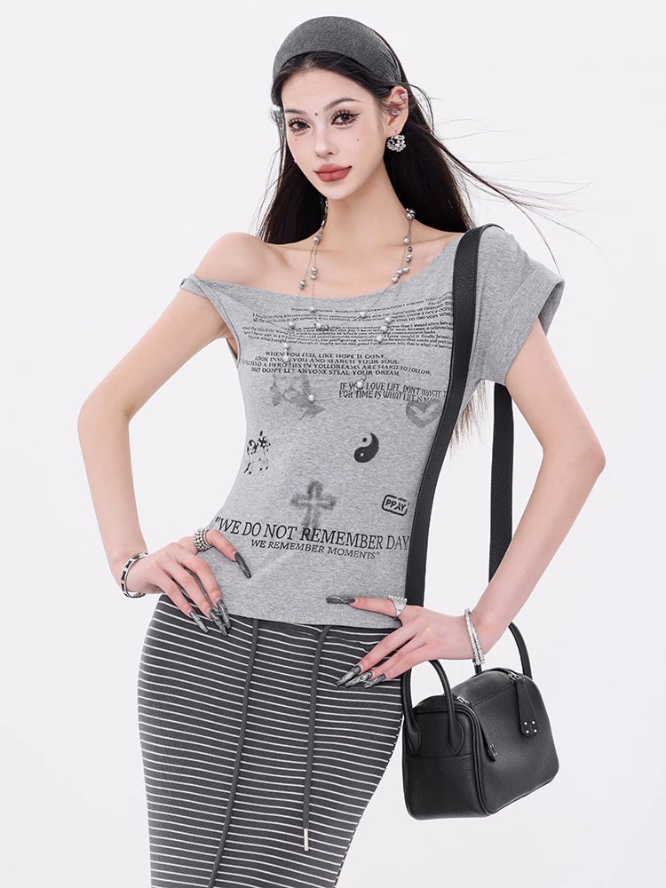 ABWEAR Art Weekly - Áo thun ngắn tay lệch vai cổ điển kiểu Mỹ nguyên bản dành cho nữ, áo không tay ôm vừa vặn