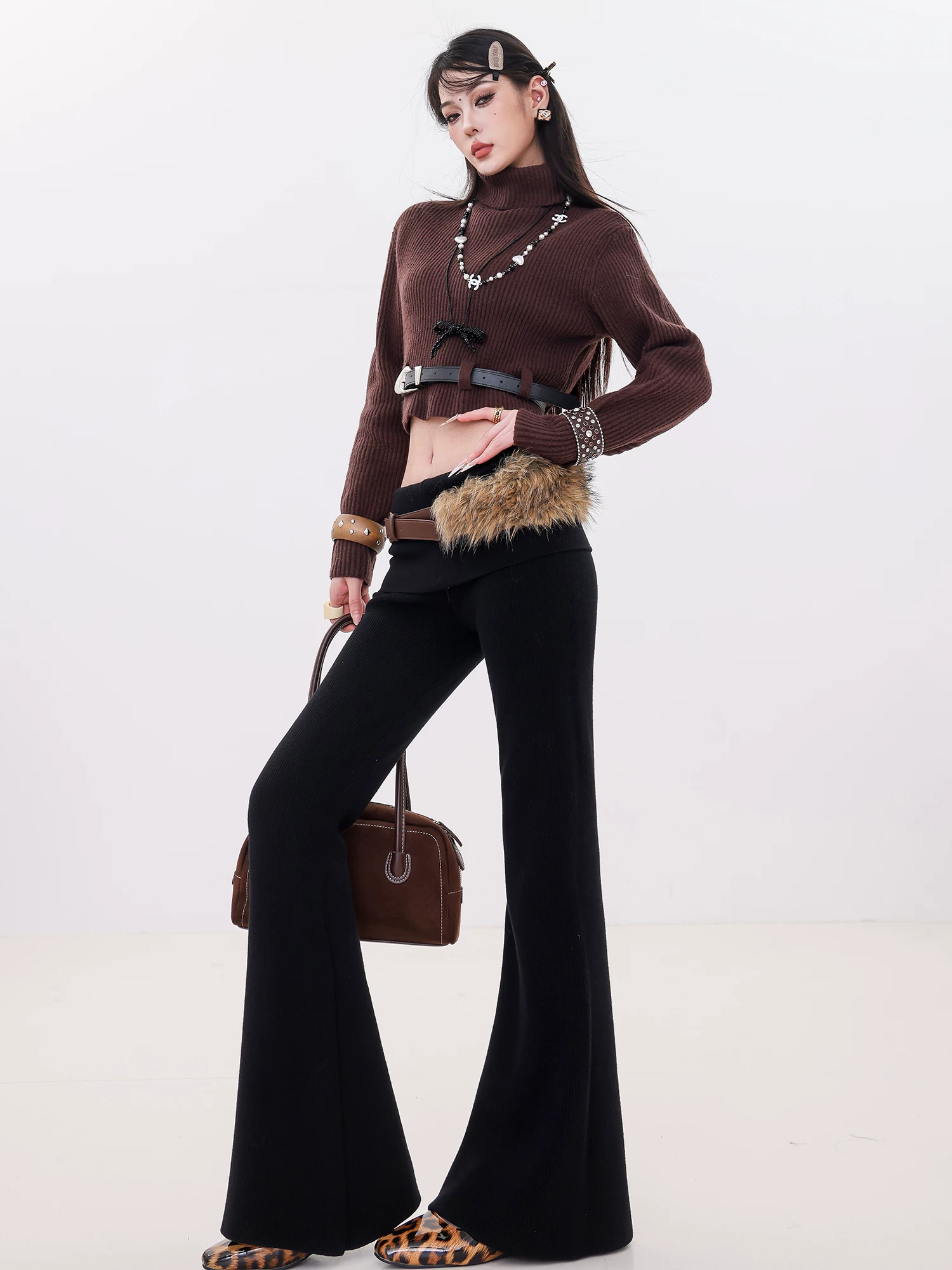 ABWLR Relaxed Fit - Quần ống loe dày có lót lông cừu cạp cao màu đen nguyên bản dành cho nữ, quần ống loe thon gọn và bay bổng