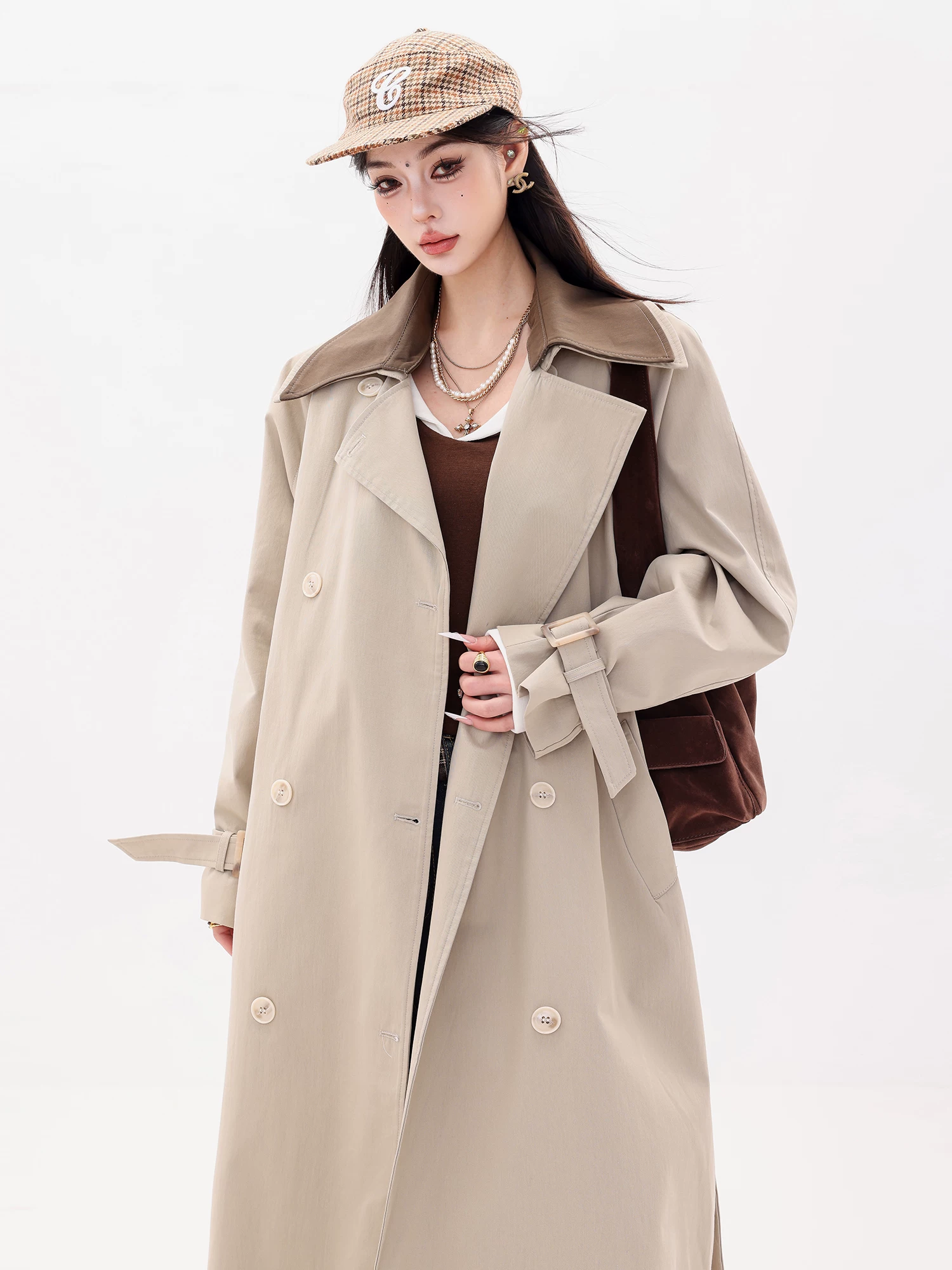 ABWLR Rose Appointment - Áo khoác dài màu kaki nguyên bản dành cho nữ, áo khoác dài dáng rộng mới có dây thắt lưng cho mùa thu