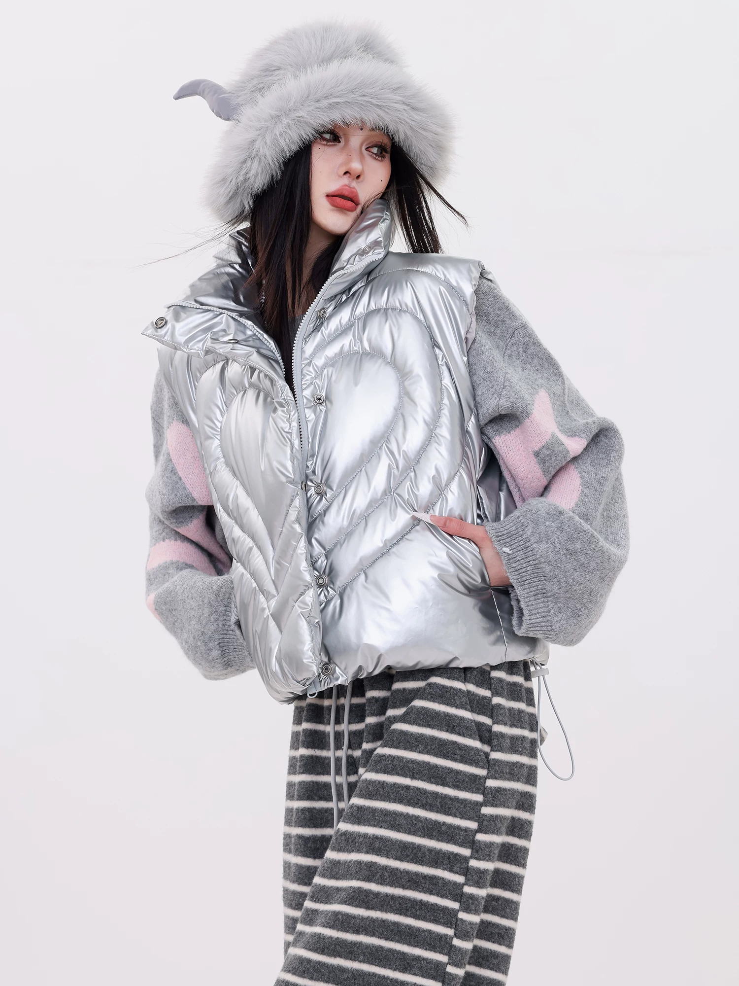 ABWLR Snowy Journey - Áo khoác cotton không tay kiểu dáng công nghệ tương lai nguyên bản Áo khoác cotton ngắn cổ đứng dành cho nữ
