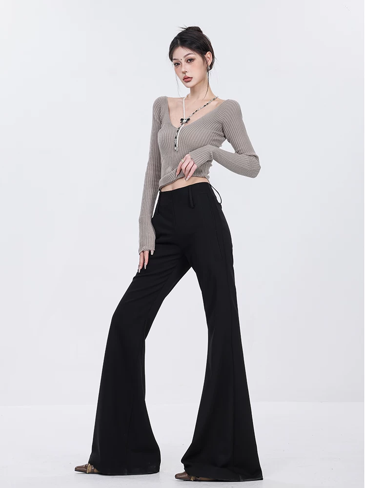 Quần ống loe siêu nhỏ màu đen của ABWEAR dành cho nữ, quần dài dáng suông cạp cao mới mùa thu đông, bộ đồ thường ngày dài đến sàn