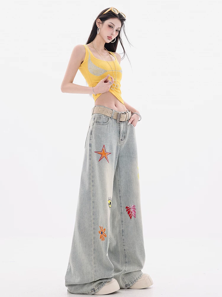 Quần jean thêu hoa văn màu xanh nhạt nguyên bản của ABWEAR dành cho nữ, thiết kế kiểu Mỹ, quần ống rộng thẳng