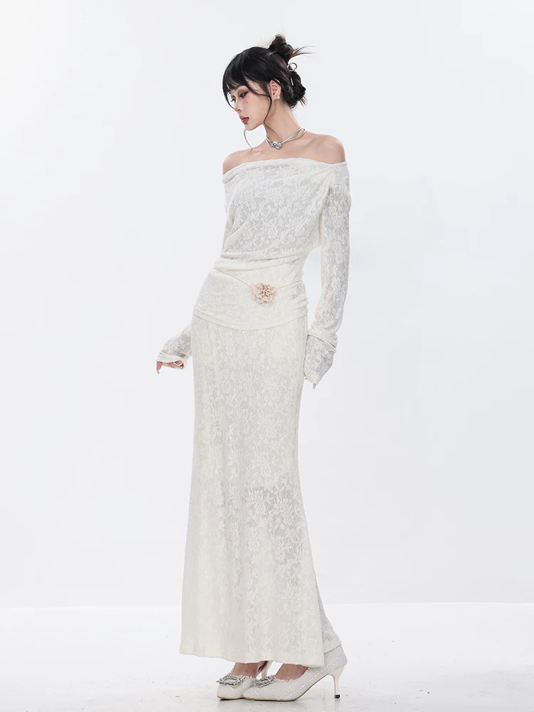 Váy ren đen ABWEAR dành cho nữ, kiểu dáng dài mùa xuân, váy đuôi cá hai mảnh ôm sát trễ vai thanh lịch