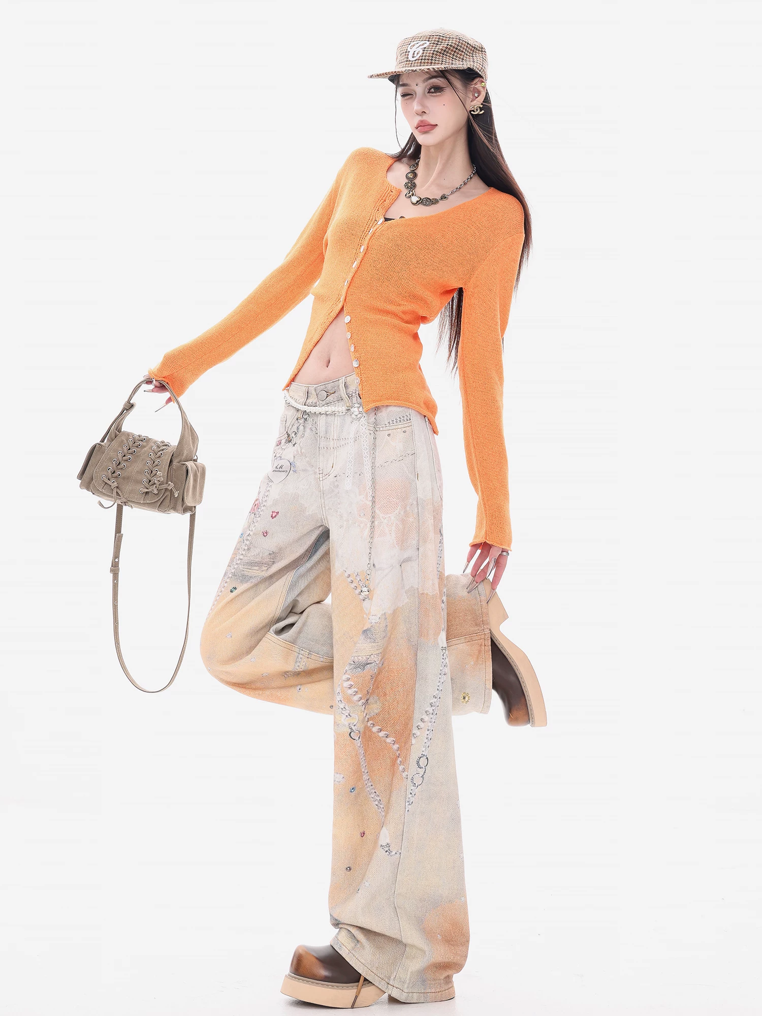 ABWEAR Sunset Island - Quần jean dài đến sàn kiểu Hàn Quốc nguyên bản in họa tiết gradient, cạp cao, dáng ôm, tôn dáng