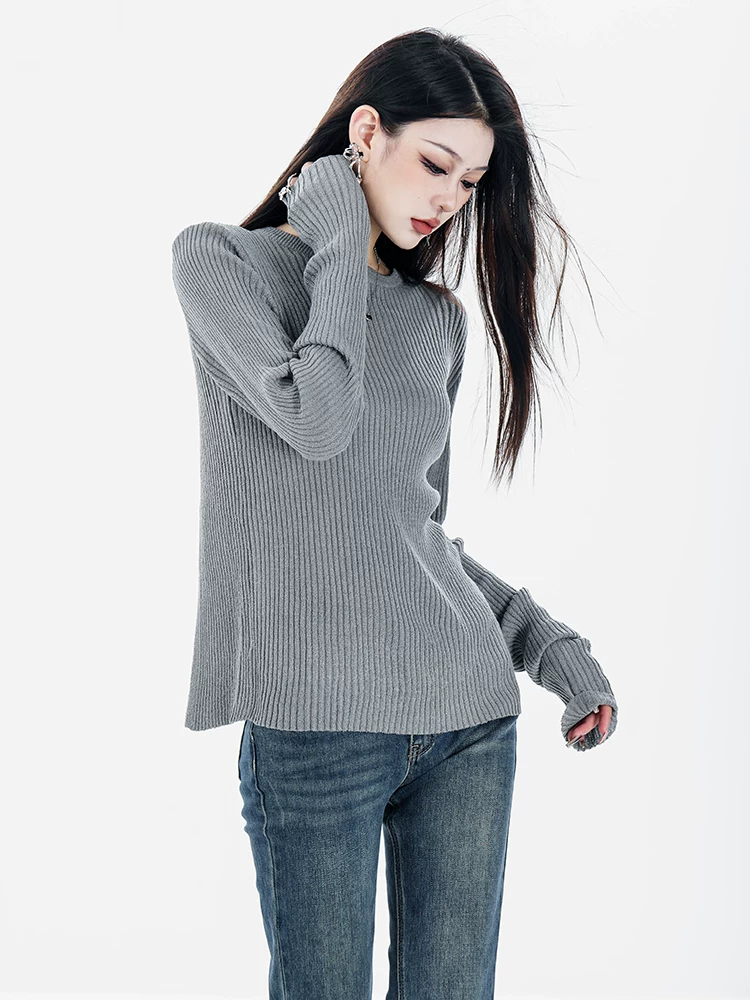 ABWEAR Đầu thu 2025 Áo len dệt kim màu xám mới dành cho nữ, Áo len cơ bản đa năng giúp giảm béo