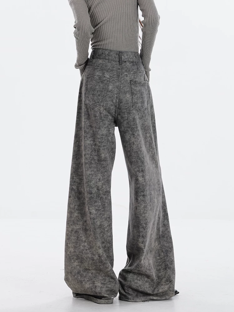 Quần jeans ống rộng lót lông màu xám mới Thu/Đông 2025 của ABWEAR dành cho nữ, kiểu dáng xuông rộng, cạp cao, phong cách thường ngày