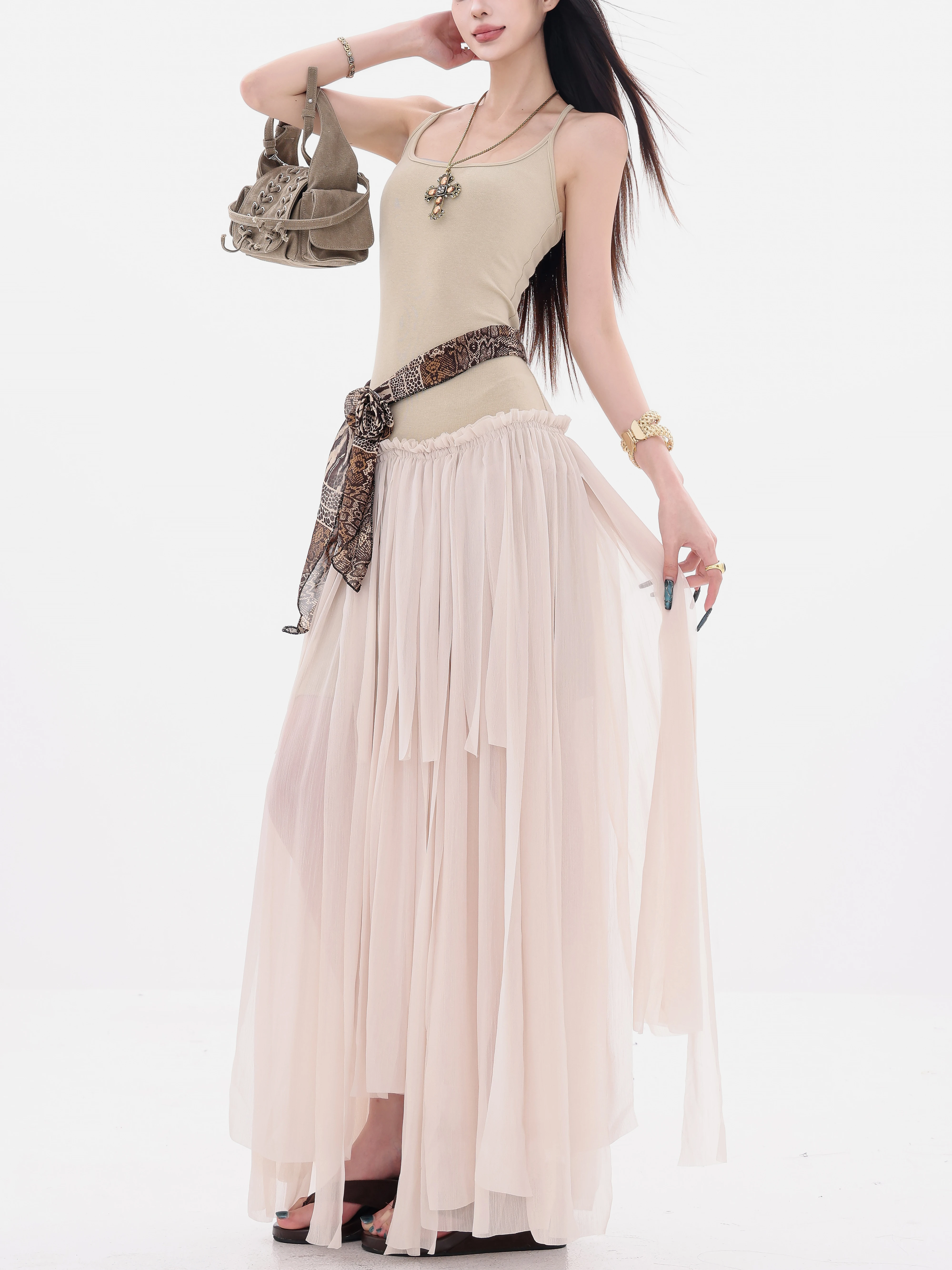 ABWEAR Inspiration Muse - Váy thiết kế ruy băng xếp ly không đều theo phong cách Hàn Quốc nguyên bản dành cho nữ, váy dài ôm eo