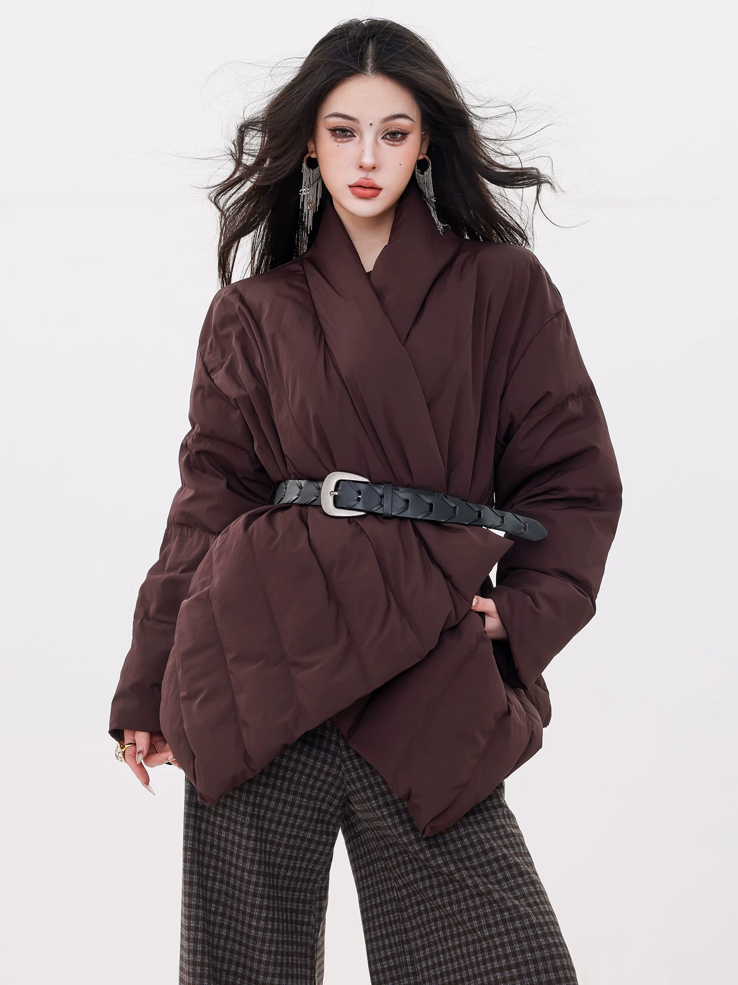 ABWLR Deep Winter Story - Áo khoác có dây buộc thiết kế nguyên bản dành cho nữ, phong cách mùa đông mới, ôm eo, giảm béo, áo khoác ấm áp