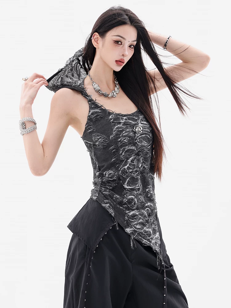 ABWEAR Shibuya Heat Wave - Áo thun có mũ trùm đầu kiểu dáng phong cách đất hoang nguyên bản, thiết kế cắt ren, kiểu dáng ôm sát dành cho nữ