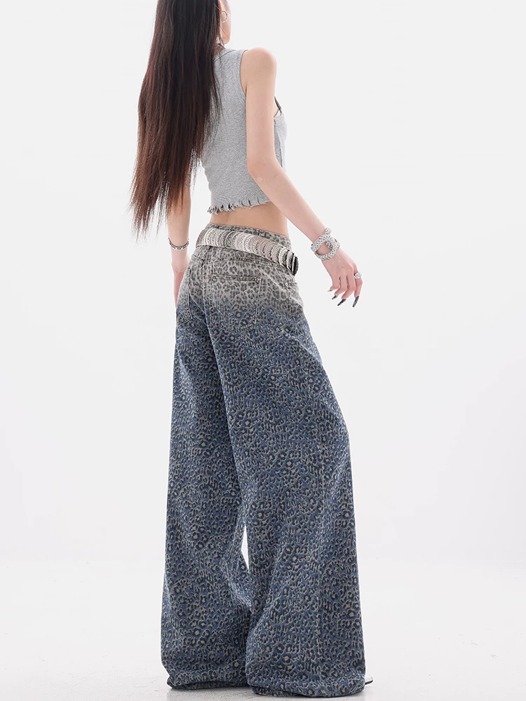 ABWEAR Họa Tiết Da Báo Jungle-Original Retro gradient Sequin Quần Jean Họa Tiết Da Báo Nữ Mùa Hè Quần Ống Rộng