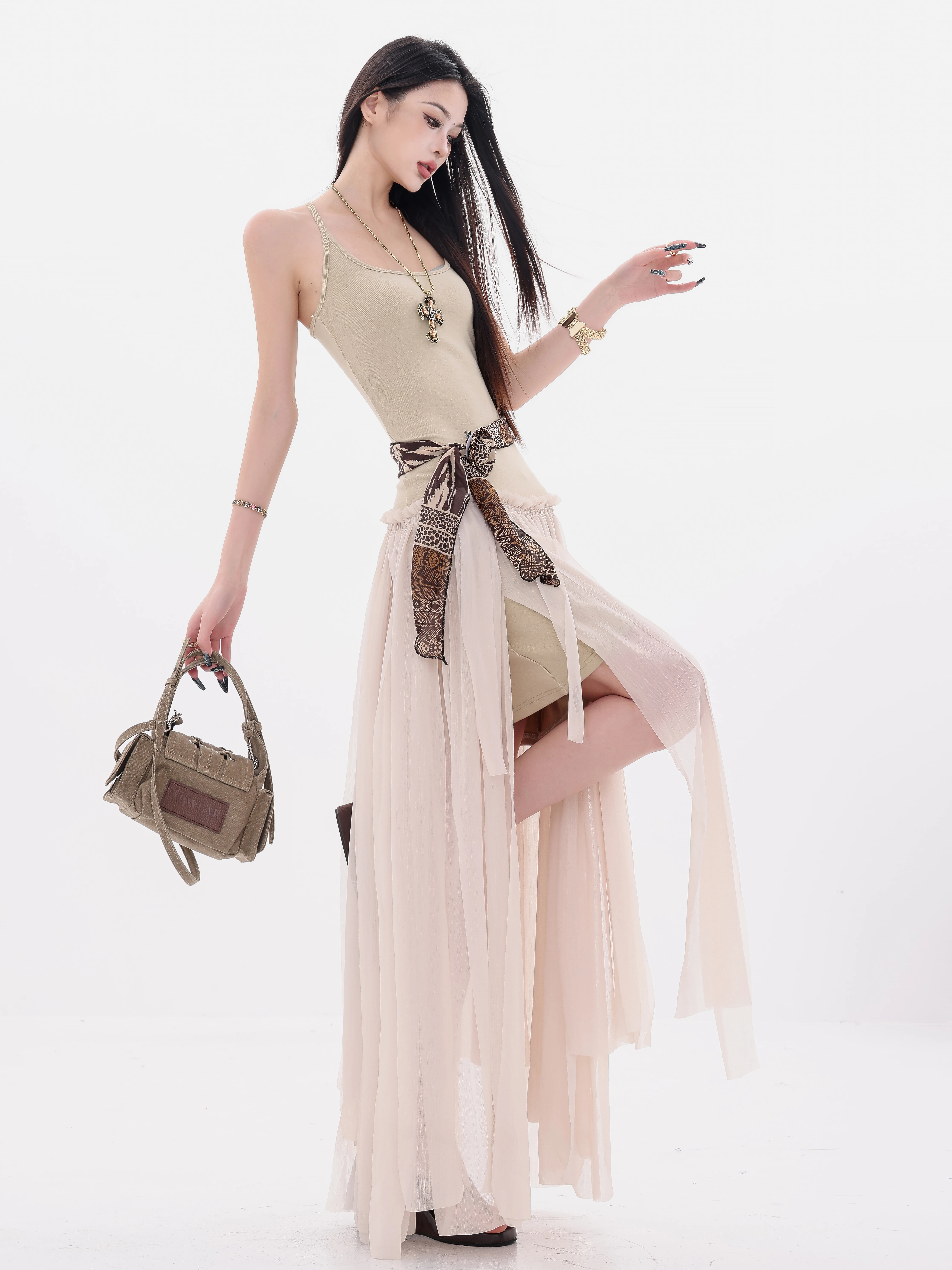 ABWEAR Inspiration Muse - Váy thiết kế ruy băng xếp ly không đều theo phong cách Hàn Quốc nguyên bản dành cho nữ, váy dài ôm eo