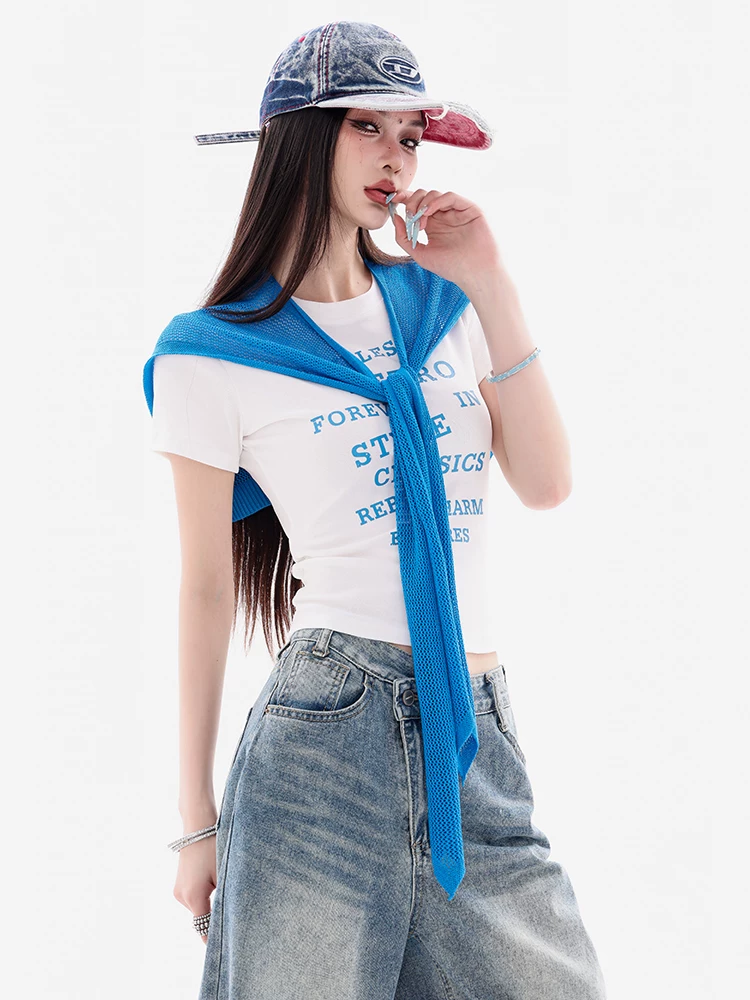 ABWEAR Versatile Sweetheart - Áo thun ngắn tay in chữ nguyên bản dành cho nữ Slim Fit Shawl Top Bộ hai món