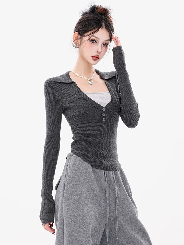 Áo len dệt kim giả hai mảnh cổ chữ V nguyên bản của ABWEAR dành cho nữ mùa thu đông 2024 mới kiểu dáng ôm vừa vặn đa năng