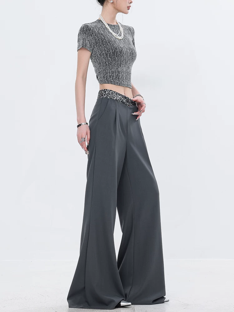 Quần vest màu xám xếp nếp đính sequin nguyên bản của ABWEAR dành cho nữ, phong cách mùa hè mới, dáng rộng, quần ống rộng tôn dáng