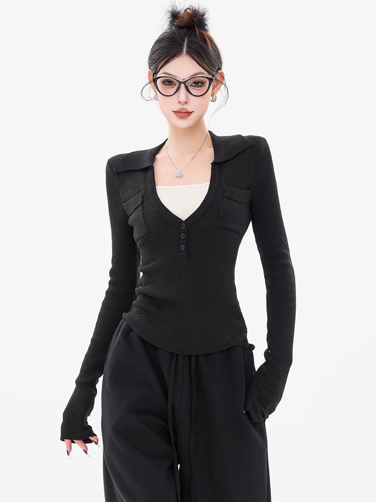 ABWEAR nguyên bản màu đen giả hai mảnh dệt kim dành cho nữ 2024 mới Áo sơ mi POLO dáng ôm vừa vặn áo dài tay