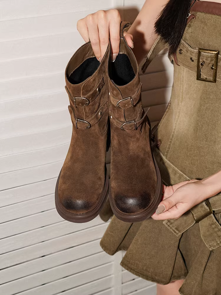 Phiên bản da bò~ Giày đi xe kiểu nhà kho, thời trang cổ điển, đa năng dành cho nữ với đế dày, khóa thắt lưng, kiểu dáng thon gọn, phong cách miền Tây.
