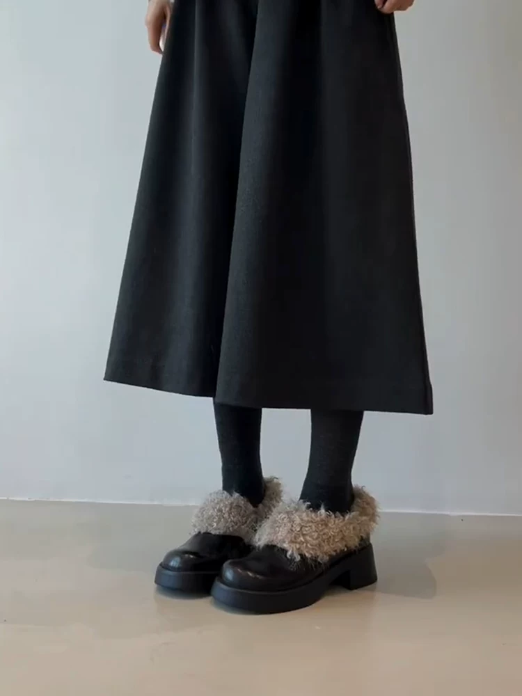 Phiên bản da cừu ~ Giày cotton da thật đế dày kiểu Anh cỡ nhỏ dành cho nữ, kiểu lười, đơn giản, lót lông cừu, ấm áp, giày lông rộng ở phần chân.